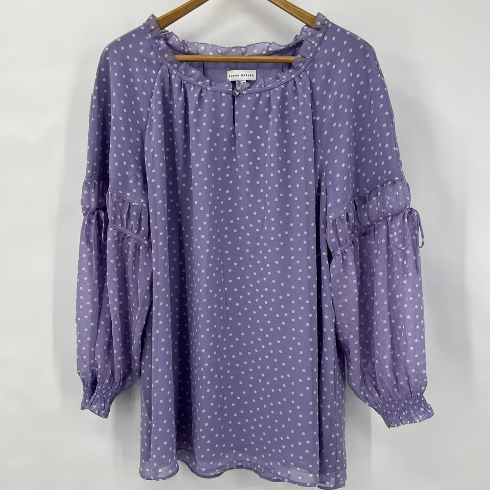 Susan Graver Womens Peasant Blouse 1X Purple Polka Dots Whimsy Artsy Cottagecore
